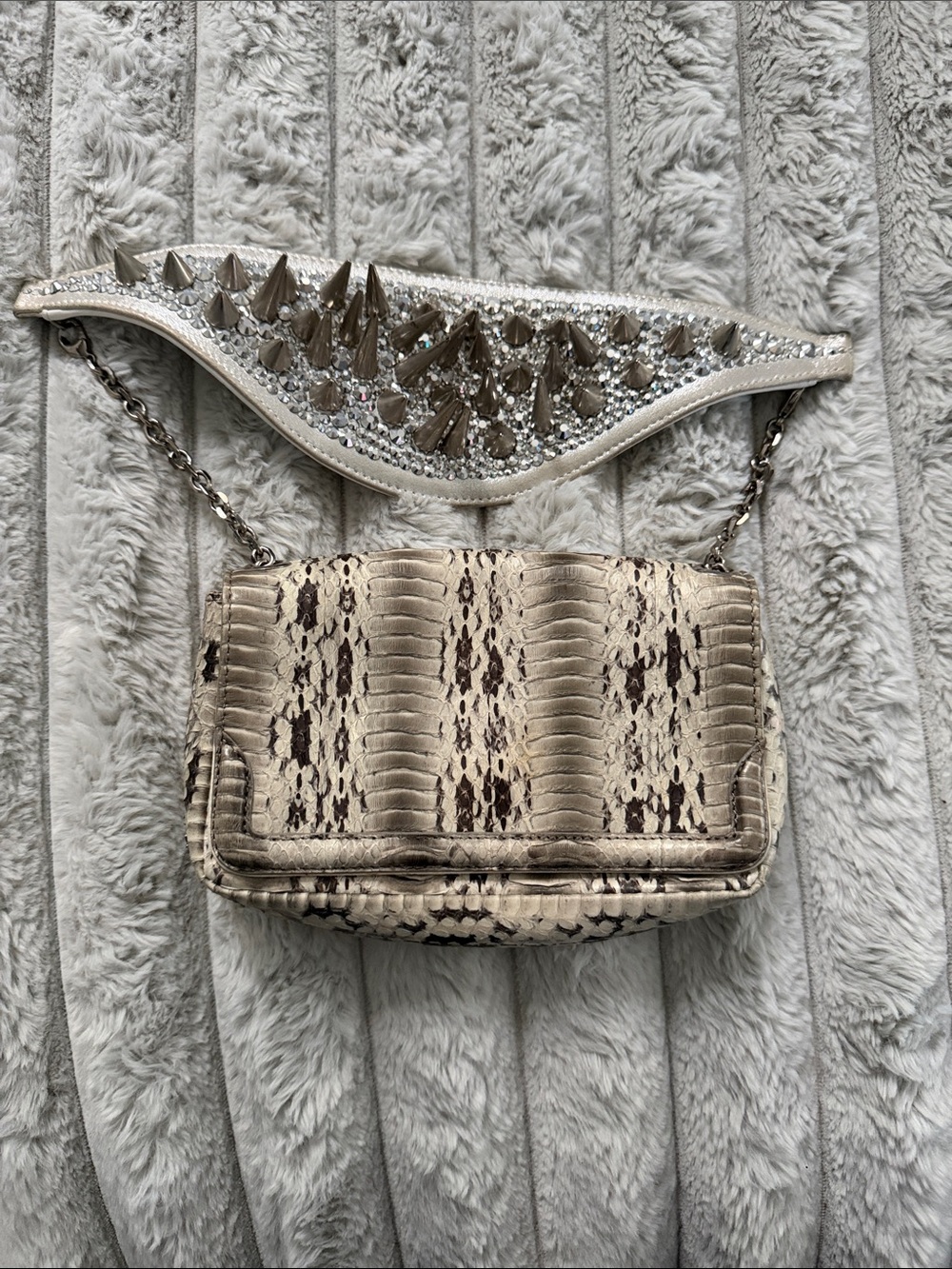 Christian Louboutin Ivory Python-Print Crossbody with Embellished Strap